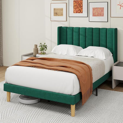 alazyhome Platform Bed Frame Full Size with Upholstered Headboard, Solid Wood Slats Support, No Box Spring Needed, Noise Free, Easy Assembly, Modern Velvet Bed, Green