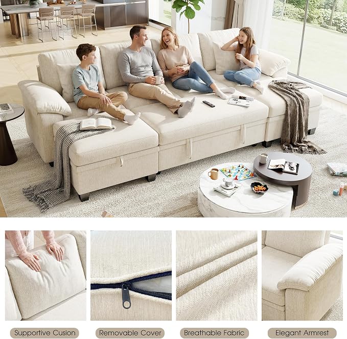 107.8" Modular Sectional Sleeper Sofa Bed, U Shaped 6 Seat Pull Out Couch with Storage Ottoman, Convertible Cloud Couch Bed, Sectional Couches for Living Room, Apartment (Beige)