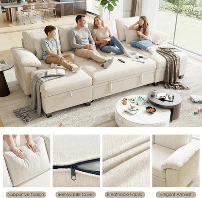 107.8" Modular Sectional Sleeper Sofa Bed, U Shaped 6 Seat Pull Out Couch with Storage Ottoman, Convertible Cloud Couch Bed, Sectional Couches for Living Room, Apartment (Beige)
