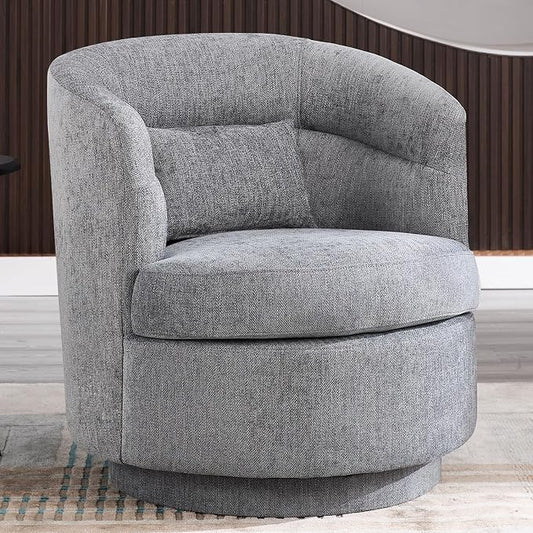 CANMOV Swivel Accent Chair, 360 Degree Round Swivel Barrel Chair with Pillow, Upholstered Comfy Barrel Armchair Single Club Sofa Chair for Living Room,Bedroom, Reading Room, Dark Grey