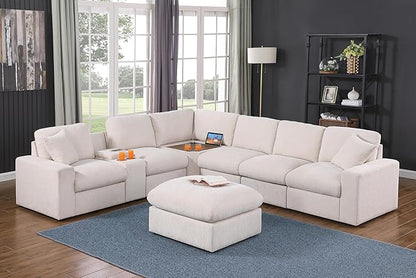 Ball & Cast 127" Oversized Modular Sectional Sofa L-Shaped,Large Chenille Upholstered Couch 7 Seat with Ottoman,Cup Holders & USB Ports,Comfty Sectionals W/Pillows & Storage Box,for Living Room,Beige