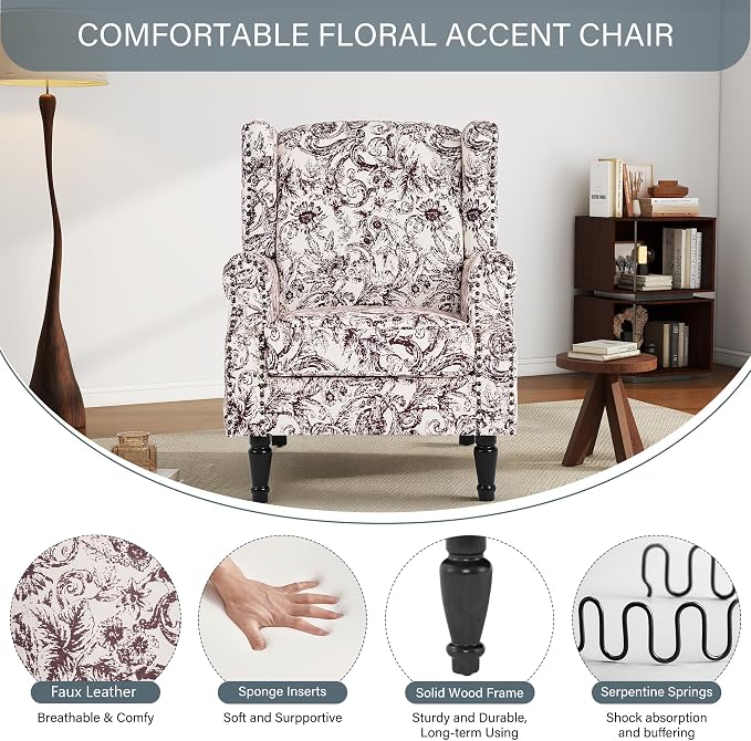 High Back Floral Accent Chair, Fabric Wingback Chair Upholstered Armchair for Living Room - Rococo Plum