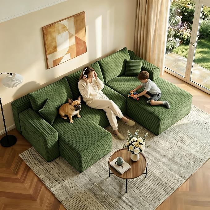 JINGLING 94" U Shaped Boneless Sectional Couch Set for Living Room, Plush Corduroy Modular Sofa with Ottoman, Small Space Apartment Couch, No Assembly, Right Facing Chaise, Green