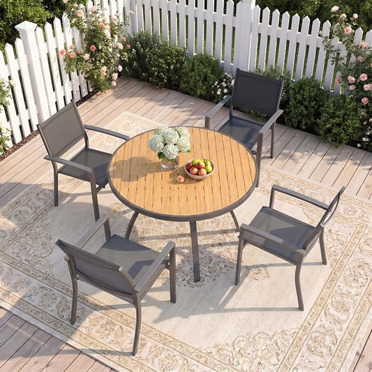 Wisteria Lane Patio Table and Chairs for 4, Outdoor Patio Dining Furniture Set with Aluminum Table and Metal Textilene Chairs, All-Weather Patio Table Set with HDPS Round Tabletop for Garden Porch