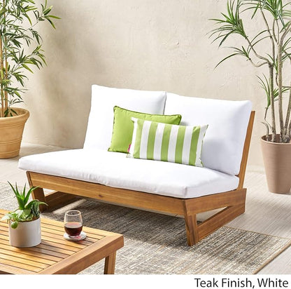 Great Deal Furniture Kaitlyn Outdoor Acacia Wood Loveseat with Cushions, Teak and White