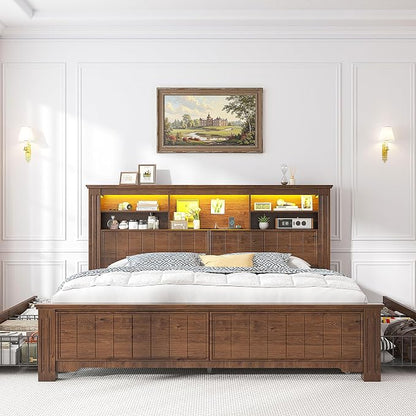 EnHomee Queen Bed Frame with 4 Storage Drawers and Headboard,LED Lights & Charging Ports,Wooden,No Box Spring Needed for Apartment,Heavy-Duty Structure,Noise-Free,Brown