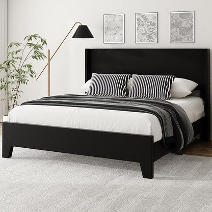 Queen Bed Frame with Faux Leather Upholstered Headboard, Wear-Resistant, Easy Clean, Mattress Foundation, No Box Spring Required, Easy Assembly, Black