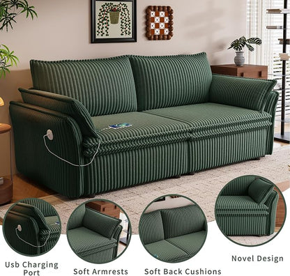 85" Pull Out Sofa Bed Full Size, Pre-Assembled Corduroy Sleeper Sofa, Convertible Loveseat Futon Couch with Storage Ottoman, USB, Pillows, for Apartment, Living Room, Small Spaces, Green