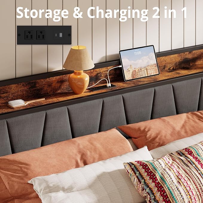 LIKIMIO California King Size Bed Frame with 2 Drawers and Charging Station | Platform Bed with Upholstered Storage Headboard, No Box Spring Needed, Easy Assembly, Sturdy, Industrial Brown and Gray