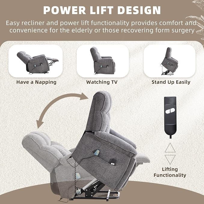 CANMOV Power Lift Recliner Chair for Elderly with Vibration Massage and Lumbar Heating, Overstuffed Electric Lift Chair with Side Pocket and 2 Cup Holders for Living Room,Dark Gray