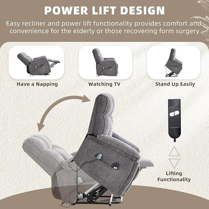 CANMOV Power Lift Recliner Chair for Elderly with Vibration Massage and Lumbar Heating, Overstuffed Electric Lift Chair with Side Pocket and 2 Cup Holders for Living Room,Dark Gray