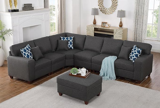 Ball & Cast 116" L-Shaped Sectional Couch with Movable Ottoman and 6 Throw Pillows,7 Seat Chenille Upholstered Sectional Sofa W/Wide Armrest,DIY Combination,Comfy Sectionals Set for Living Room,Gray