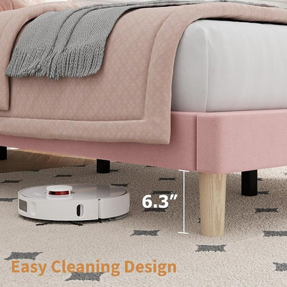 IDEALHOUSE Twin Bed Frame with Adjustable Headboard, Velvet Upholstered Platform Bed Frame Twin Size, Vertical Channel Tufted, Strong Wooden Slats, No Box Spring Needed, Easy Assembly, Pink