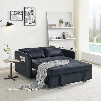 55.5" Velvet Convertible Sofa Bed, Pull Out Sleeper Sofa Bed, Loveseat Couch with USB Charging Ports, 3 in 1 Convertible Sleeper Sofa Bed for Living Room, Apartment, Bedroom, RV, Black