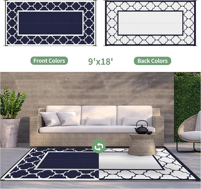 GENIMO 9' x 18' Outdoor Rug Waterproof for Patio, Foldable Reversible Plastic Straw Area Rugs Mat for Rv Decor, Outside Carpet for Camper, Deck, Picnic, Beach, Balcony, Porch, Blue & White