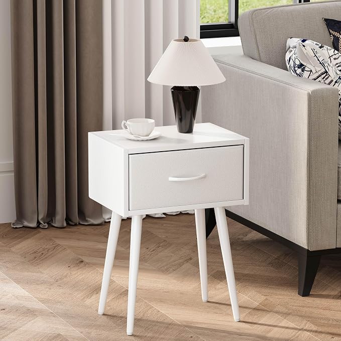 Small White Nightstands Set of 2, Bedside Table with Fabric Drawer, Modern End Table with Metal Leg, Couch Side Table for Bedroom Living Room, Sofa, Office LNT504W