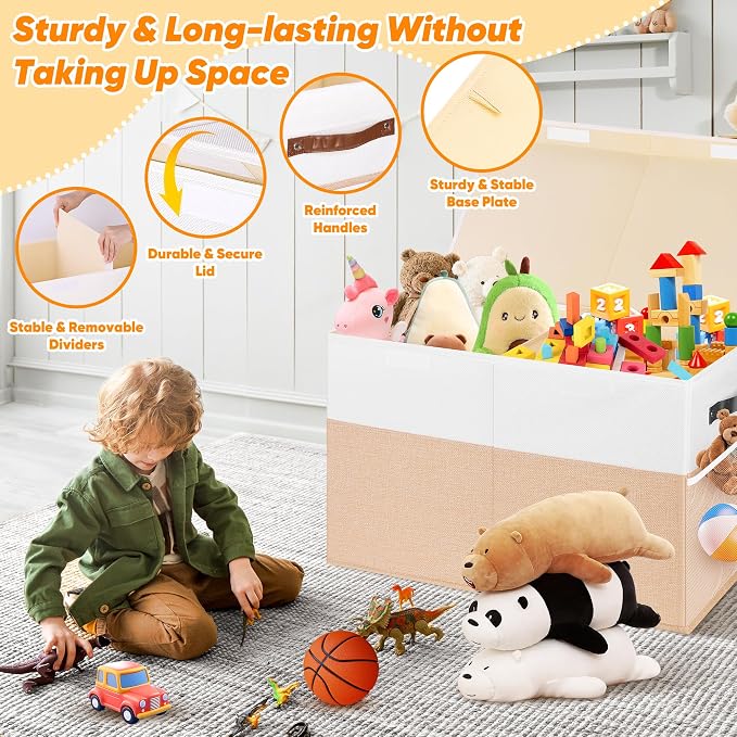 Mabahoo Large Toy Box, Collapsible Sturdy Storage Chest With Lids, Kids Toy Chest Storage Organizer Toddler Bin Boxes for Living Room, Bedroom, Nursery, 25"x13"x16", Beige & White