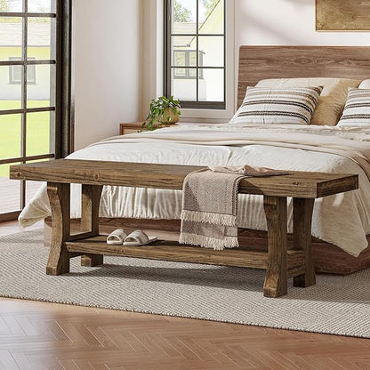 Solid Wood Entryway Bench, 55" End of Bed Bench, Long Indoor Dining Seat for Hallway, Bedroom, Living Room, Dining Room, Easy Assembly, Dark Brown
