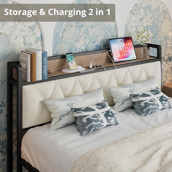 ANCTOR Queen Bed Frame with Storage Headboard & Charging Station, Metal Platform Queen Bed, Upholstered Tufted Headboard, Heavy Duty Slat Support, Noise Free, No Box Spring Needed, Wood and Cream