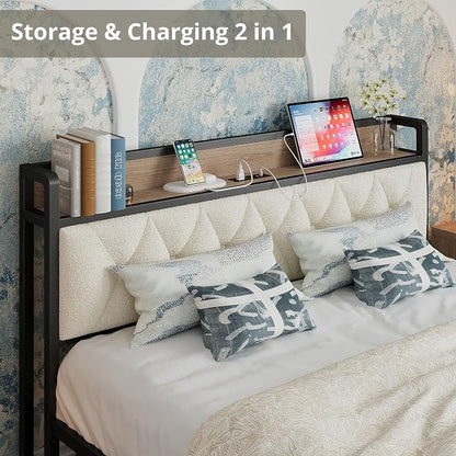 ANCTOR Queen Bed Frame with Storage Headboard & Charging Station, Metal Platform Queen Bed, Upholstered Tufted Headboard, Heavy Duty Slat Support, Noise Free, No Box Spring Needed, Wood and Cream