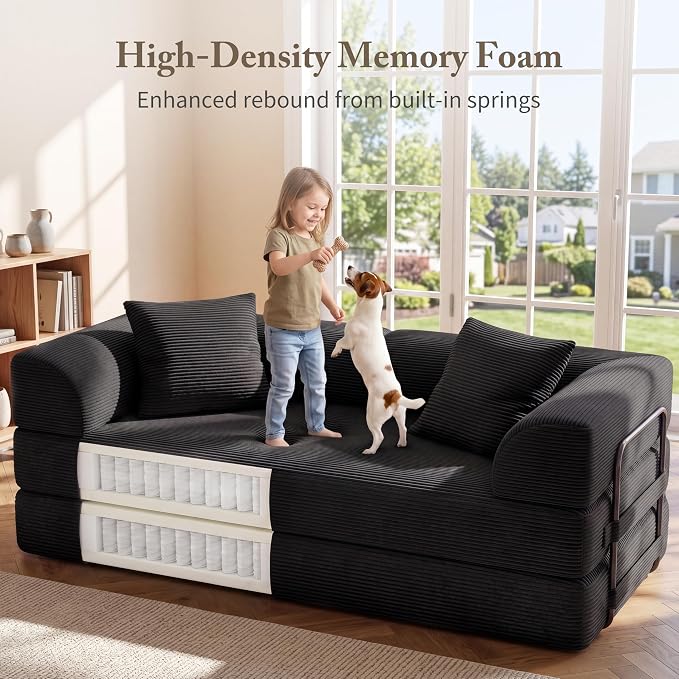 Cloud Boneless Convertible Sofa Bed, 5-in-1 Foldable Compressed High-Density Sponge Sofa, 70" Corduroy Fabric 2 Seater Sleeper Couch Futon Daybed for Living Room Bedroom (Black)