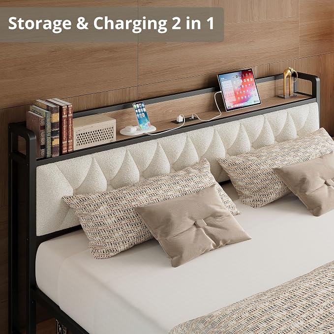 ANCTOR California King Bed Frame, Storage Headboard with Charging Station, Platform Bed Frame with Strong Metal Support, Sturdy & Stable, Noise Free, No Box Spring Needed, Easy Assembly,Wood and Cream
