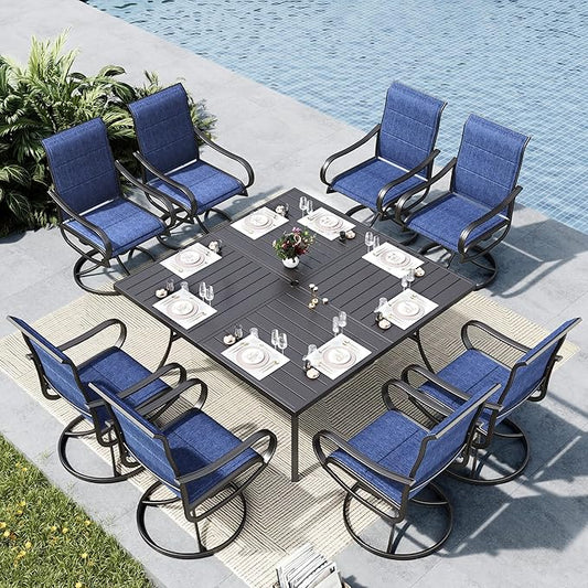 MFSTUDIO Patio Dining Set for 8, Outdoor Dining Set with Umbrella Hole, 9 Piece Outdoor Patio Furniture Set for Deck/Backyard/Poolside/Garden