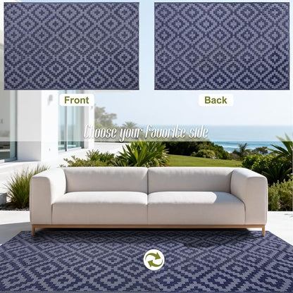 SAND MINE Reversible Mats, Plastic Straw Rug, Modern Area Rug, Large Floor Mat and Rug for Outdoors, RV, Patio, Backyard, Deck, Picnic, Beach, Trailer, Camping, Dark Blue & Grey, 4' x 6'