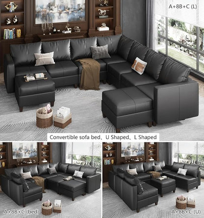 EASE MOOSE Leather Sectional Couch Sofa with Storage,Faux Leather Modualr Sectional Sofa Brown U Shaped Modular Couch，Black