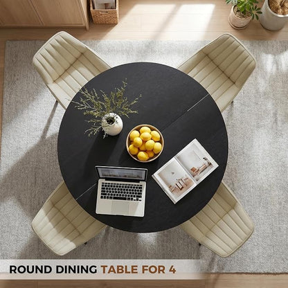 Miereirl 47.3 Inch Round Dining Table Set for 4, Round Kitchen Table with Chairs, Space Saving Dining Room Table Set with Storage Shelf for Apartment Kitchen Dining Room, Black Table+4 Beige Chairs