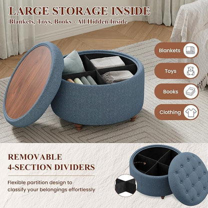 25Inch Round Ottoman with Storage, Tufted Fabric Modern Circle Ottoman with Reversible Tray Lid and Wood Legs, Multi-Functional Small Coffee Table for Living Room, Bedroom, Blue