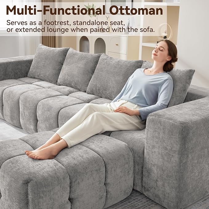 Large Boneless Ottoman, Upholstered Cloud Ottomans for Couch, Oversized Modern Foot Rest for Sectional Couches for Living Room, Foot Stools No Assembly Required, Tufted Ottoman, Light Grey