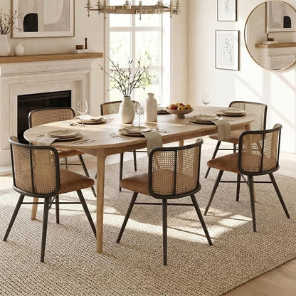 TYBOATLE Swivel Rattan Dining Chairs Set of 6 (Brown) | Farmhouse, Boho, Rattan Woven Back, Faux Leather Seat, Metal Legs, Upholstered, Kitchen, Dining Room