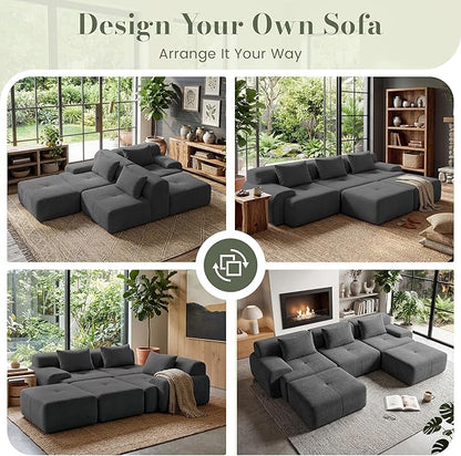 GRUSIGN 118'' Modular Sectional Oversized Boneless Couch, Tufted Cloud Sectional Couches for Living Room, U Shape Deep Seat Sofa with 2 Ottoman & 3 Throw Pillows,Corduroy Couch,Dark Grey