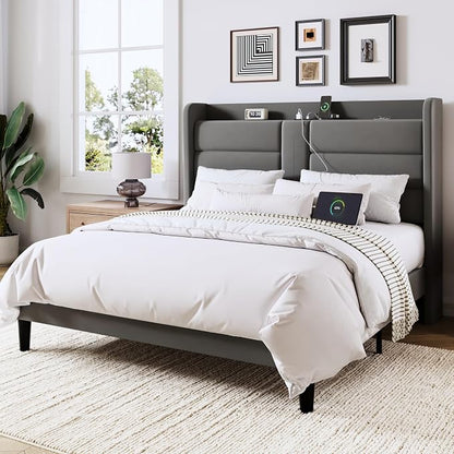 Allewie Full Size Platform Bed Frame with Charging Station & Storage Headboard, Upholstered Velvet Wingback Design & USB Port, Strong Wooden Slats Support, No Box Spring Needed, Easy Assembly, Grey