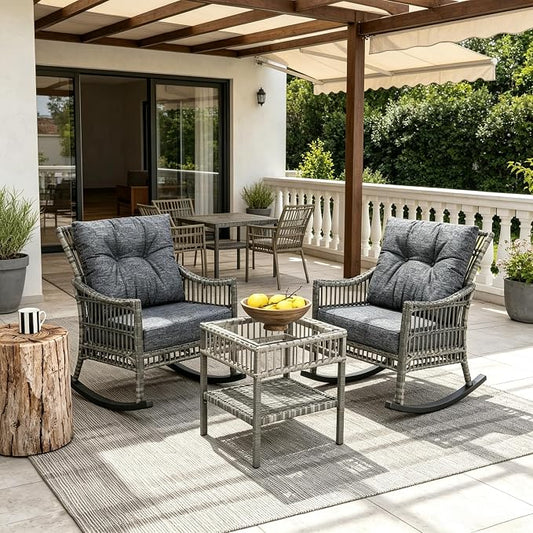 Patio Furniture Set, 3-Piece Wicker Rocking Chair & Coffee Table, Outdoor Conversation Set for Backyard, Small Patio, Porch