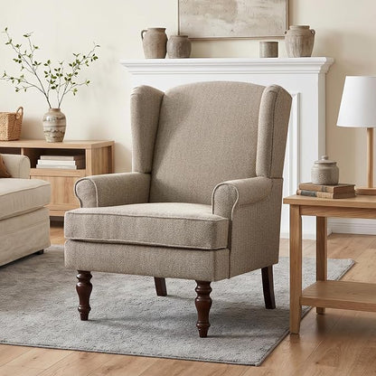 HUIMO Printed Wingback Accent Chair, Linen Upholstered High Back Armchair, Comfy Reading Chair for Living Room Bedroom Study, 300lbs Weight Capacity (1, Brown with Lines)