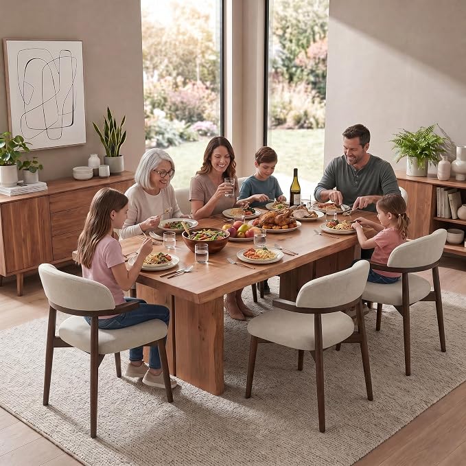 MOJAY Dining Chairs Set of 4 Walnut, Linen Beige with Curved Armrests