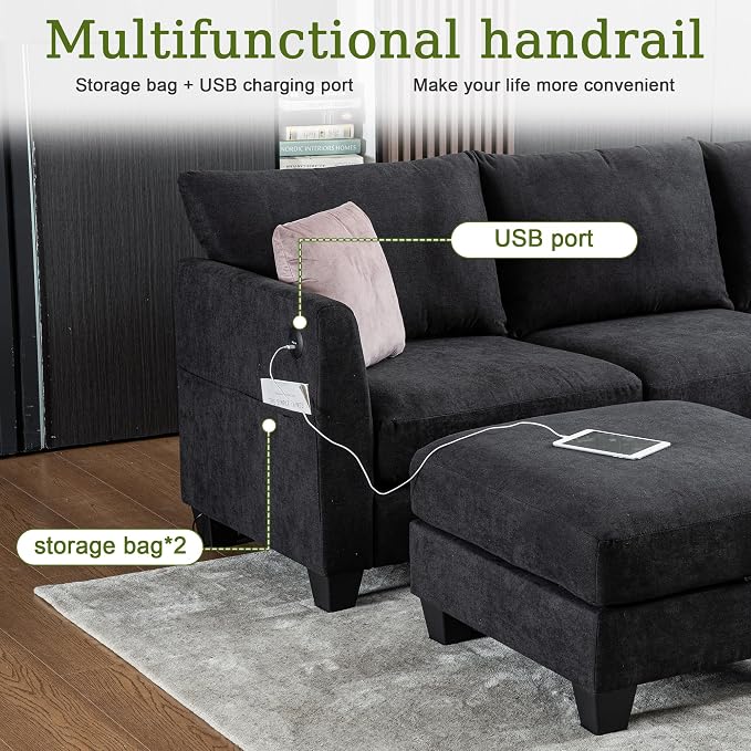 122.8" Large Sectional Couches for Living Room, 6 Seater L Shaped Modular Sectional Sofa with Two Storage Ottomans & USB, Oversized Corner Couch for Living Room（Black）