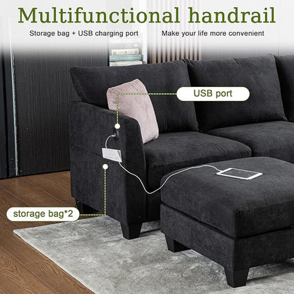 122.8" Large Sectional Couches for Living Room, 6 Seater L Shaped Modular Sectional Sofa with Storage Ottoman & USB, Oversized Corner Couch for Living Room（Black）