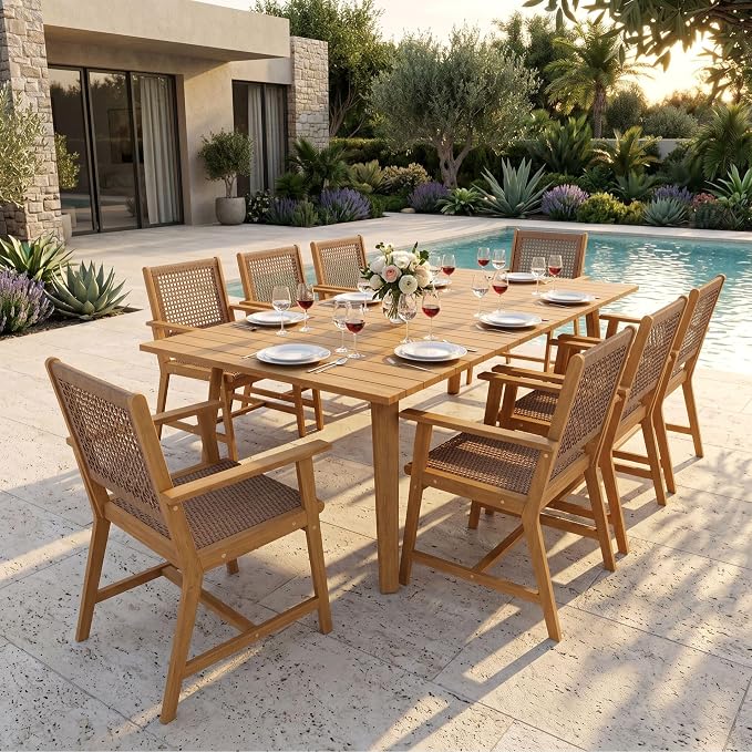 Sophia & William Outdoor Dining Set, Patio Furniture Set with Table and Chairs Set Wooden, Rattan Furniture Set of 8 Chairs and 1 Acacia Wood Rectangular Table for Yard, Garden, Porch and Poolside