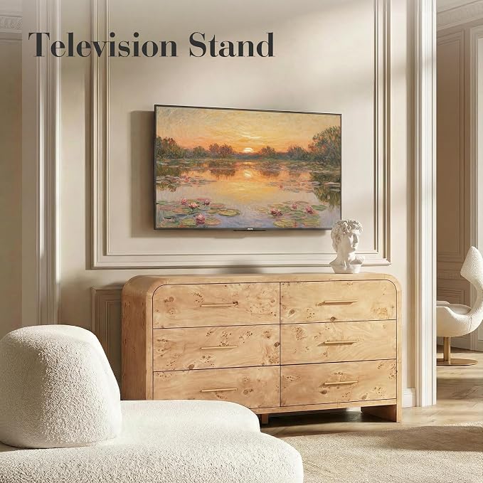 Curved 6-Drawer Dresser for Bedroom, 54" Wide Modern Chest of Drawers, Vanity Desk TV Stand for Living Room, Closet Storage Drawers Organizer Furniture, Nursery, Light Burl