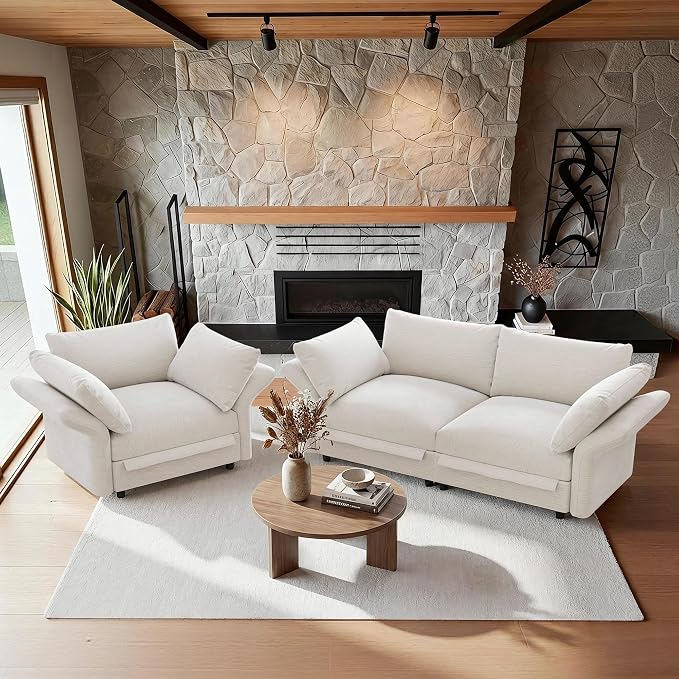 DreamDashio 126" Oversized Sectional Sofa with Storage, Adjustable Arms & High Back, Modular Cloud Couches for Living Room, 3 Seats, 5 Arms & 5 Pillows, Beige Chenille