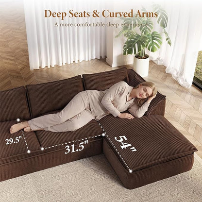 Vesgantti 141.7" Oversized Boneless Sectional Couch, Modern 7 Seater Modular Sofa with Chaise & Ottoman, Deep Seat Corduroy Cloud Couches for Living Room, No Assembly Required, Dark Brown