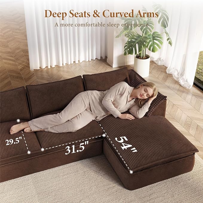 Vesgantti 141.7" Oversized Modular Sectional Sofa, Modern 7 Seater Boneless Couch with Chaise and Ottoman, Deep Seat Plush Corduroy Cloud Style for Living Room, No Assembly Required,Brown