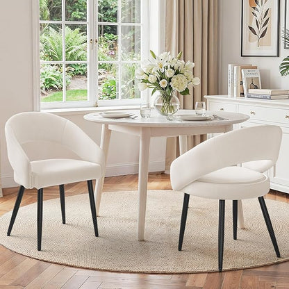 LUE BONA Modern Dining Chairs Set of 2, Upholstered Armrest Side Chairs for Kitchen & Dining Room, 18.5" Seat Height, Comfortable Curved Hollow Backrest, Black Metal Legs, Easy Assembly, Beige