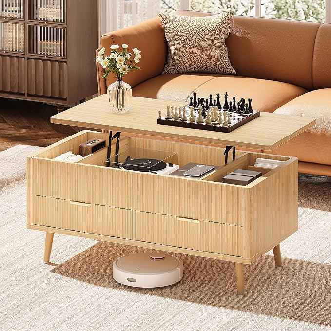 Lift Top Coffee Table with Storage - Fluted Wood Coffee Tables for Living Room with Drawers & Hidden Compartment, Mid Century Modern Square Large Center Table for Home Office, Reception