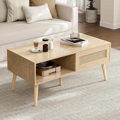 ZttRiee Rattan Coffee Table with Sliding Doors, Mid-Century, Natural | 39.4"L x 19.7"W x 16.5"H, 220 lbs capacity, 2 compartments, solid wood legs, ~30 min assembly