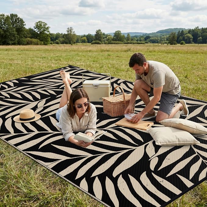 Smiry Outdoor Rug 8x10 ft, Waterproof Reversible Plastic Straw Rugs, Outdoor Area Rug with Leaf Pattern, Outside Floor Mat for Patio, Backyard, Deck, Picnic, Beach, Camping, Black & Beige
