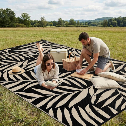 Smiry Outdoor Rug 8x10 ft, Waterproof Reversible Plastic Straw Rugs, Outdoor Area Rug with Leaf Pattern, Outside Floor Mat for Patio, Backyard, Deck, Picnic, Beach, Camping, Black & Beige
